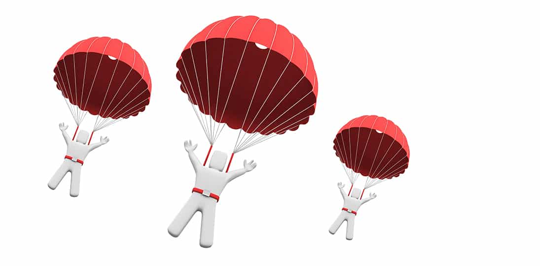 three 3D figures with red parachutes in crisis