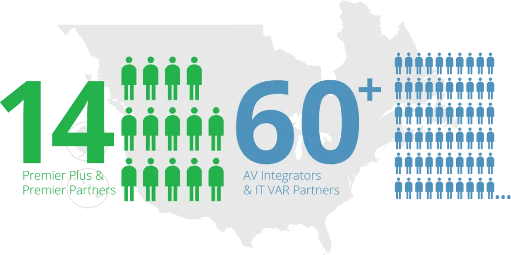 Map and infographic showing network of digital signage partners, AV integrators and IT VARs 