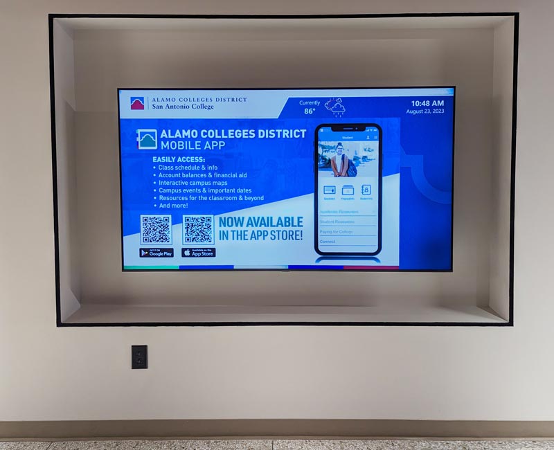 photo of Alamo Colleges District digital sign with mobile app ad