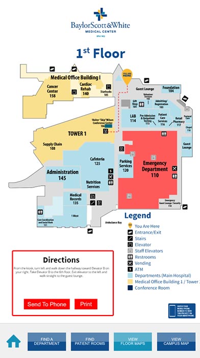 baylor scott white medical center wayfinding print directions