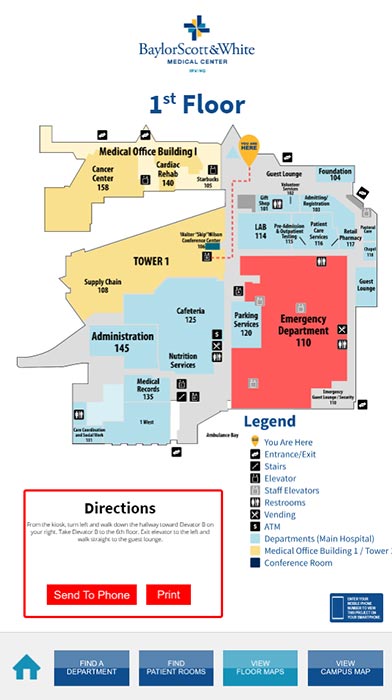 baylor scott white medical center wayfinding print directions