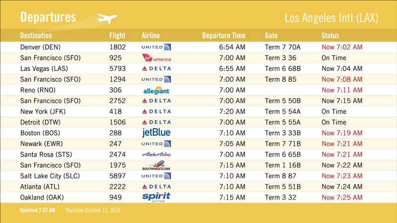 Visix Digital Signage Content Subscriptions | Digital Flight Board Feed | Departures Yellow Design Sample