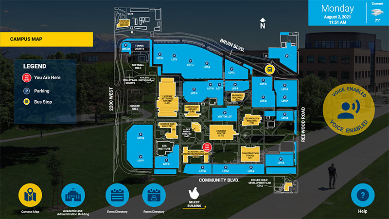 Custom interactive wayfinding for Salt Lake Community College showing campus map