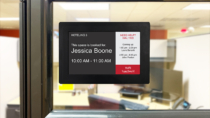 Visix EPS 74 Wireless Room Sign for Office Hoteling shows schedule from your calendar app