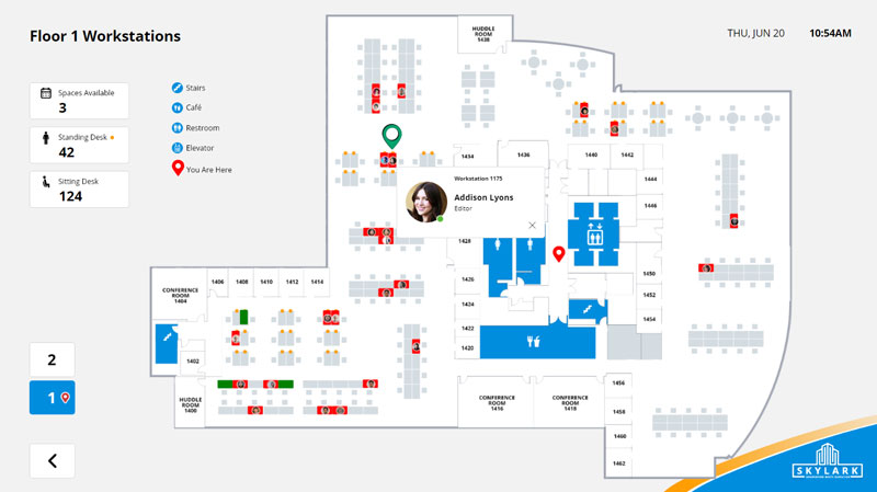 Skylark Interactive Workspace Wayfinding by Visix - showing building map with desk reservations