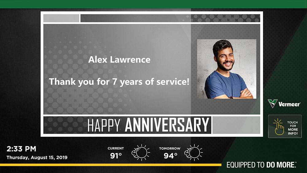 Visix Digital Signage Kits | Corporate Recognition Messages | Happy Anniversary Template with Photo