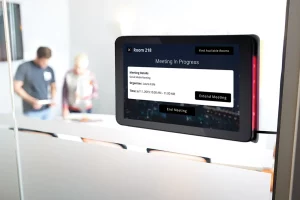 Connect digital conference room signs from Visix let you show schedules from your calendar app and manage bookings at the sign