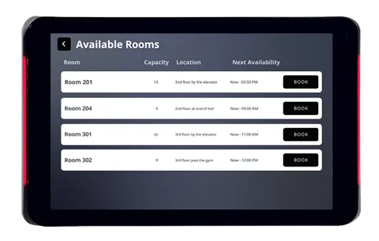 Connect room signs show each room's details and let you select and book a room right at the sign