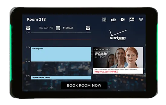 Connect room signs show your schedule data along with room resource icons, logos and message playlists