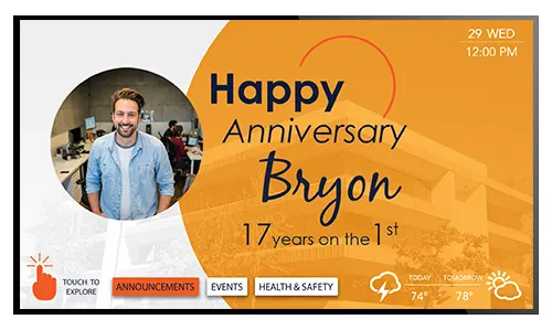 Sample interactive digital sign for business showing employee anniversaries and birthdays