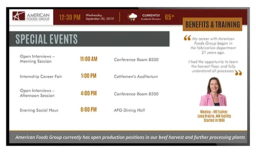 Sample corporate digital signage layout with events, weather and announcements