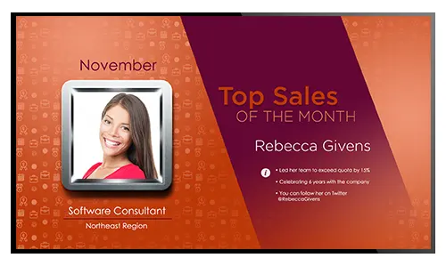 Digital signage layout showing corporate kudos for top sales of the month