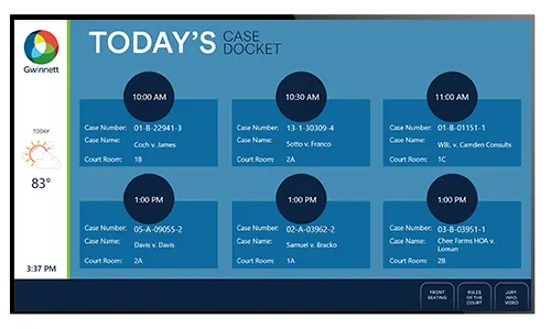 Digital sign showing courtroom daily case docket with automated updates