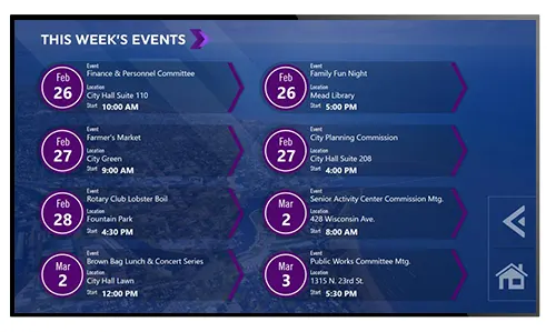 Government events listing on an interactive digital signage layout