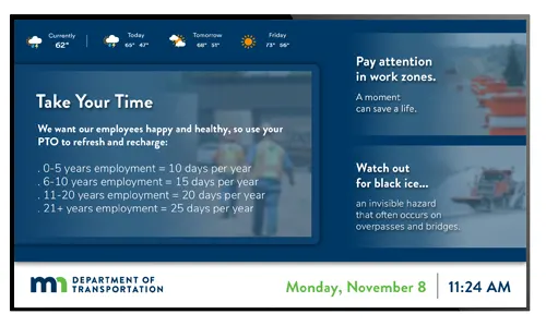Government digital signage example showing staff and employee communications