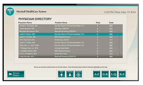Sample healthcare directory on digital signage for clinics and hospitals