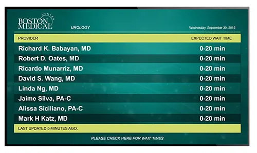 Digital signage showing hospital and clinic queuing information for waiting patients