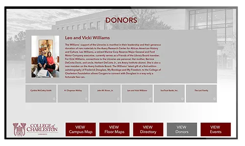 Sample donor board on digital signage for college and university donors