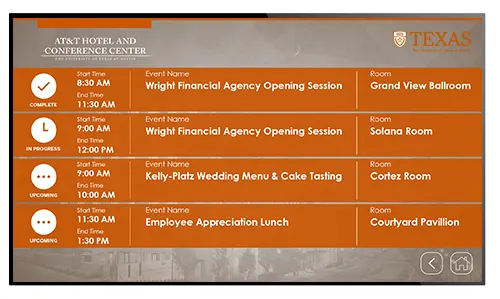 Digital signage layout for university showing event schedule with data-mapped artwork