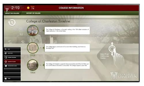 Interactive digital signage layout with college history timeline