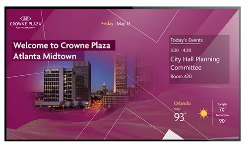 Sample digital signage layout for hotel showing welcome, events and weather