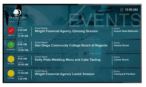Digital hotel signage showing event schedules pulled from calendar booking system
