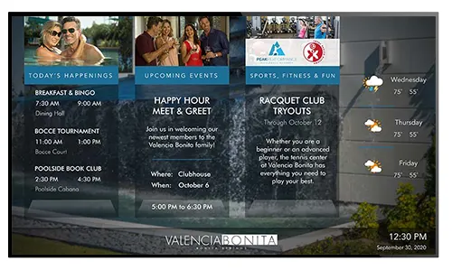 Digital sign for hotels and hospitality showing upcoming events
