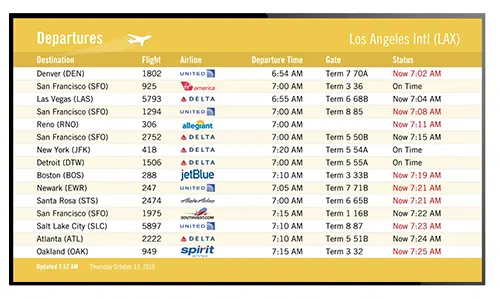 Digital signage flight board sample showing departures from LAX