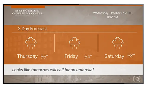 Conference center digital signage showing 3-day weather forecast