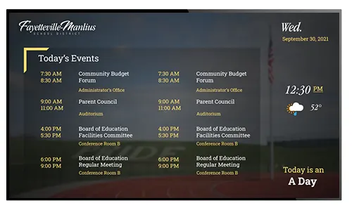 Digital signage layout showing event schedule for k-12 schools