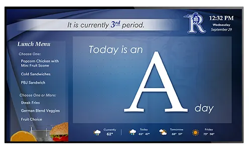 School digital signage sample showing flip days on screens