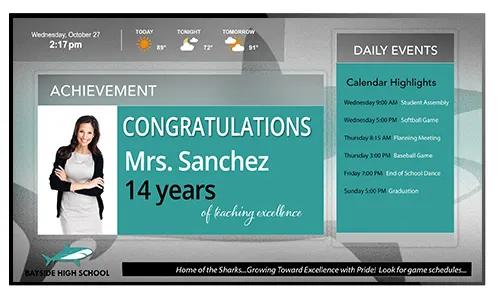 K-12 School digital signage sample layout showing staff communications