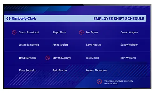 Digital sign showing manufacturing shift schedule for employees