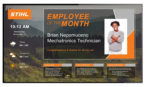 Sample manufacturing digital signage for employee recognition