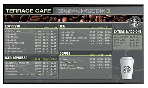Sample digital menu board showing items and pricing pulled from external data source