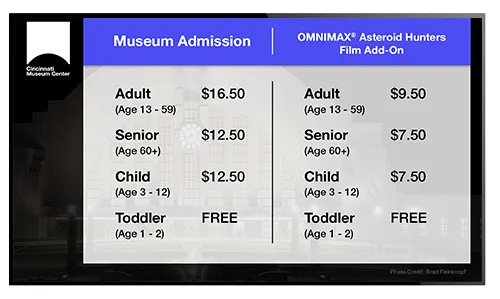 Sample digital sign for museum ticket booth with admission prices