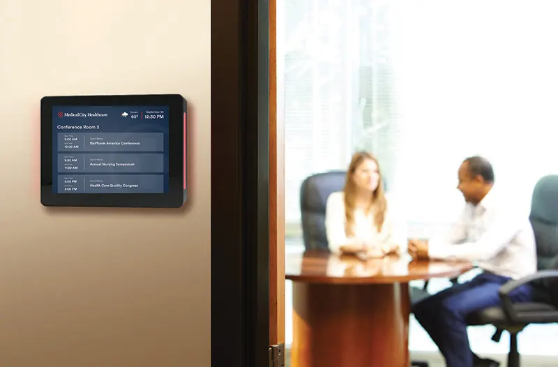 The Touch10 Conference Room Signs show schedules outside rooms and let you book space right at the room sign