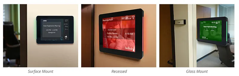 Touch interactive room signs are easy to surface mount, glass mount or recess in walls