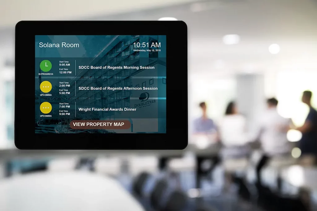 Touch interactive meeting room signs show schedules from your own calendar app, along with messages and alerts