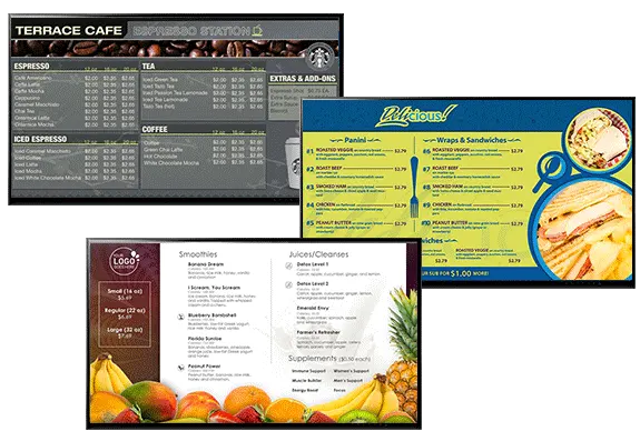 Digital menu boards give you bright, colorful screen designs to show your food, prices, daily specials and nutritional informaton