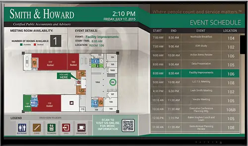 Visix interactive RoomBoard™ combines wayfinding with meeting and event management at a glance