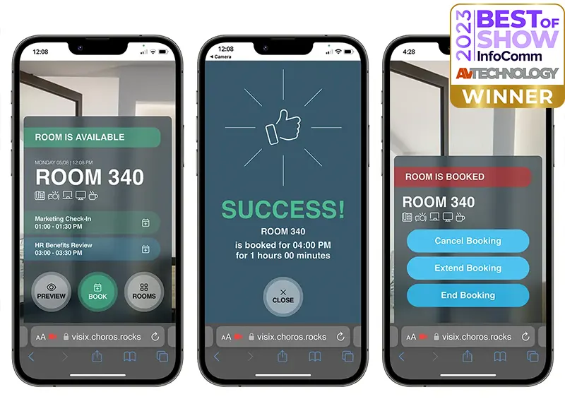 image of three smartphones with Choros AR space booking interface showing a room name with booking buttons, success screen and room schedule.