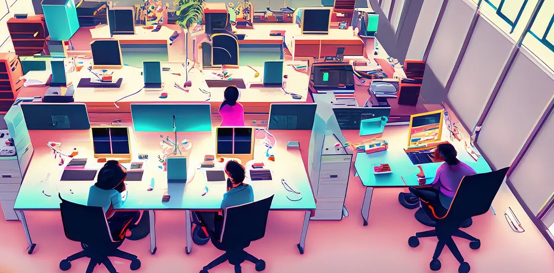 Office neighborhoods with employees working at desks individually and together