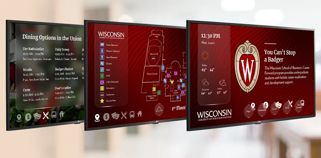 Three digital signs showing wayfinding, menu board and messaging for a university or college