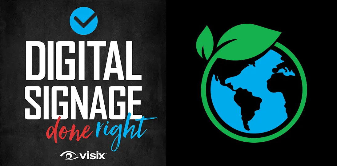 DSDR logo with icon of earth with leaf wrapped around it to symbolize sustainable digital signage topics