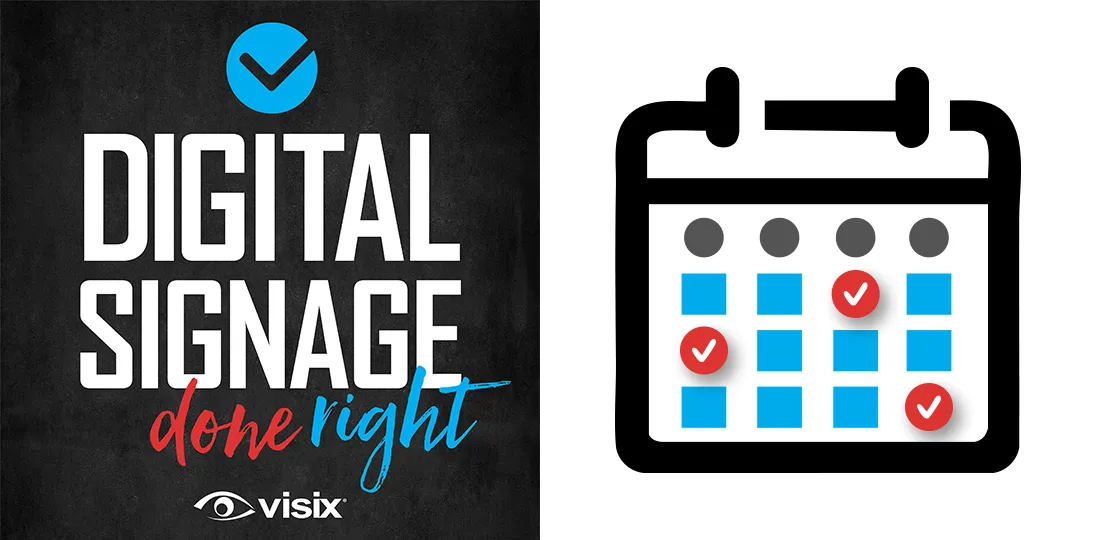 Digital Signage Done Right logo on left; room scheduling software calendar icon on right