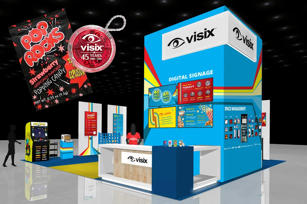 3d rendering of Visix IC25 booth with Pop Rocks, yo-yos, Pepsi, Coffee and Pac Man