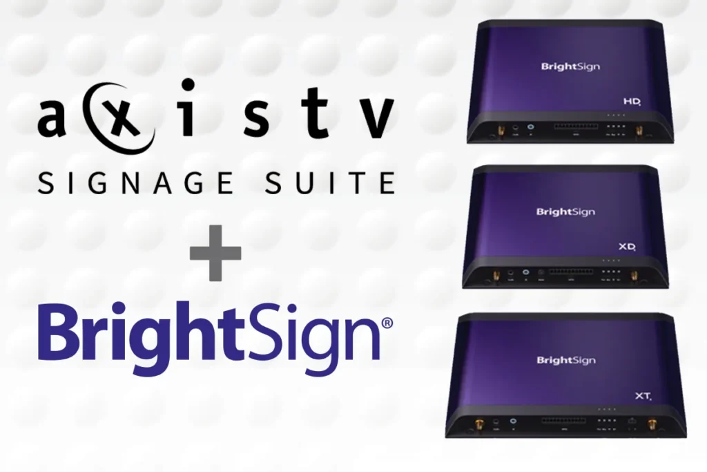 AxisTV Signage Suite and BrightSign logos next to three BrightSign Series 5 digital signage players
