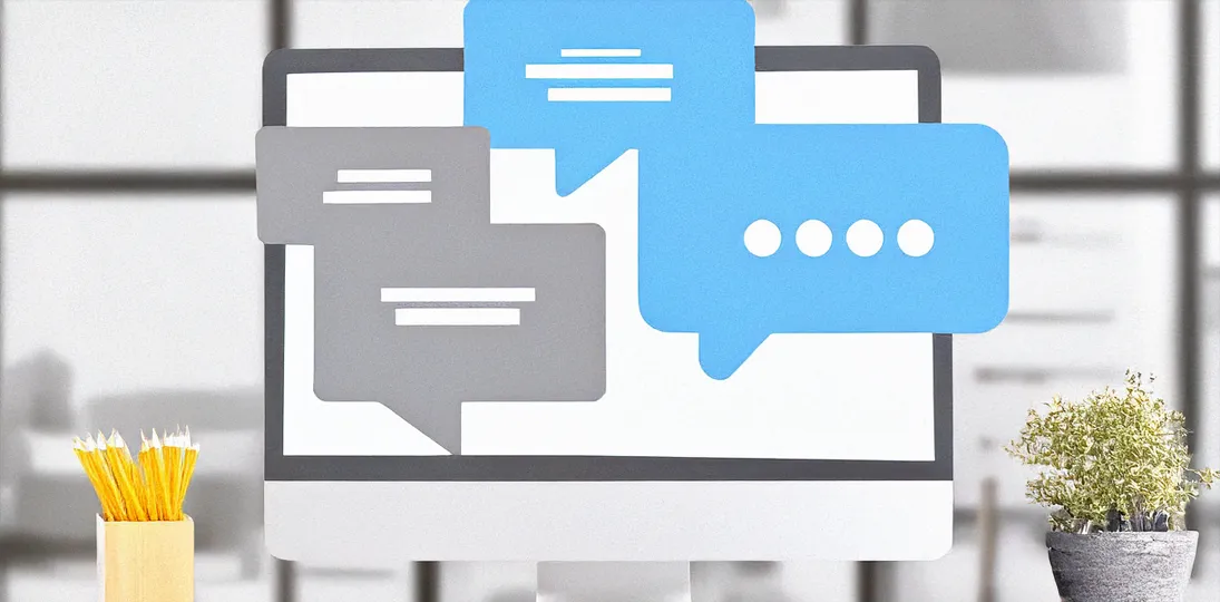 Laptop with speech bubbles and pencils to help content creators with digital signage text tips
