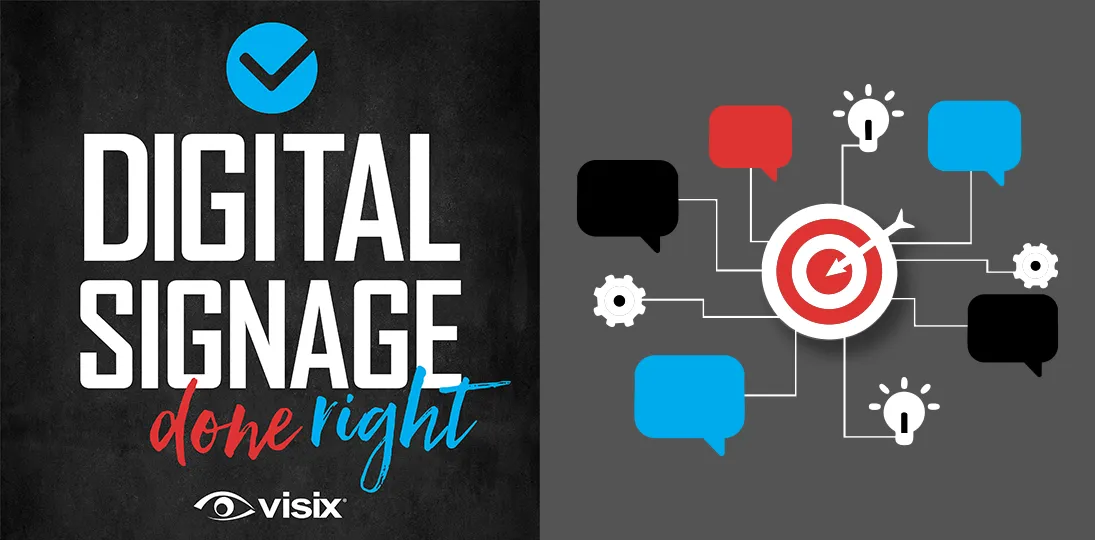 Digital Signage Done Right podcast logo on left, icons of target, speech bubbles and lightbulbs on right to represent internal comms strategy